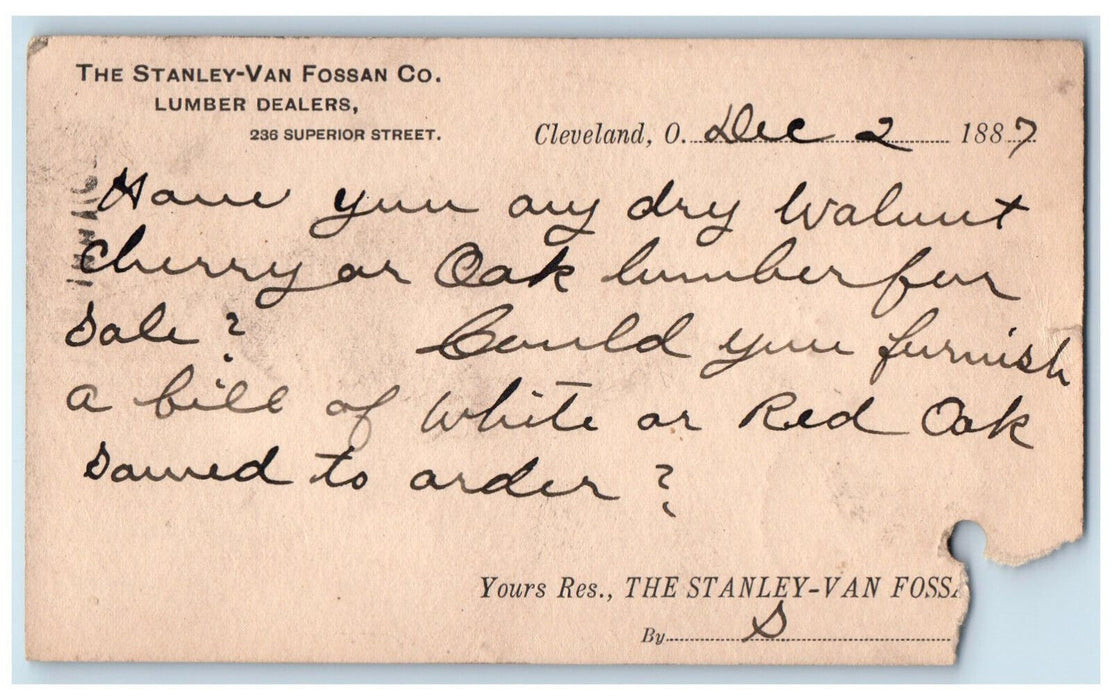 1887 The Stanley-Van Fossan Co Lumber Dealers Elyria OH Cleveland OH Postal Card
