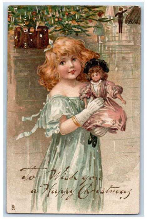 c1910's Christmas Tree Decorated Beautiful Girl With Doll Tuck's Posted Postcard