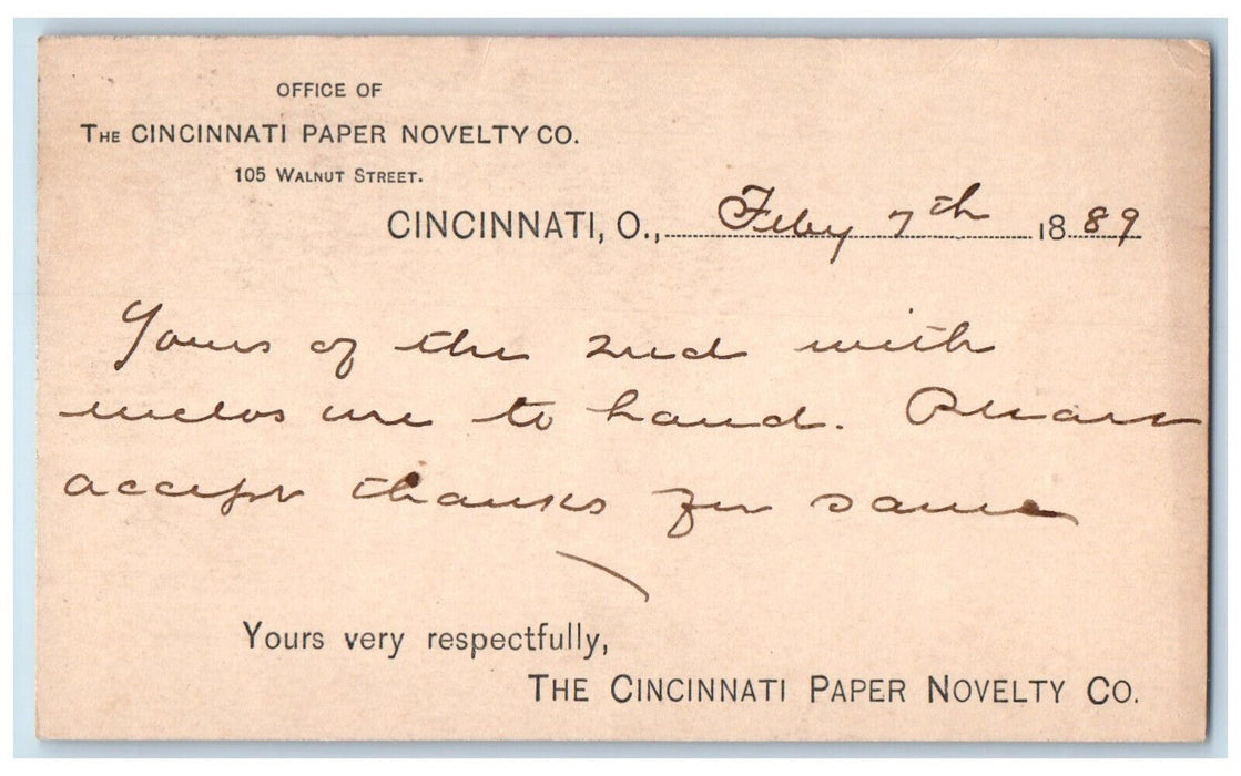 1889 Office of The Cincinnati Paper Novelto Co. Ohio OH Posted Postal Card