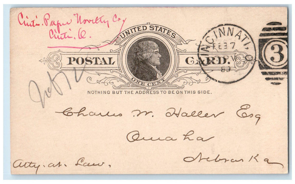 1889 Office of The Cincinnati Paper Novelto Co. Ohio OH Posted Postal Card