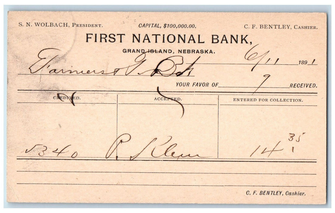 1891 First National Bank SN Wolbach President Grand Island NE Postal Card