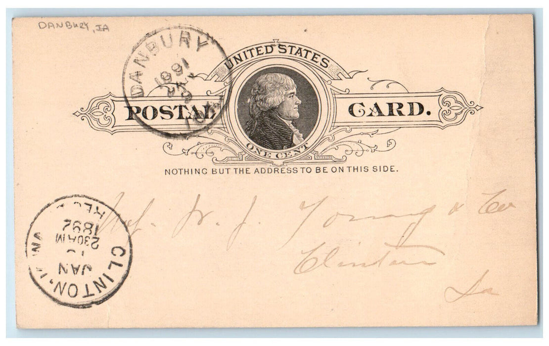 1892 WJ Young & Co. Danbury Iowa IA Clinton IA Antique Posted Postal Card