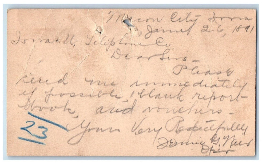 1891 Please Send Report Book Mason City Iowa IA Davenport IA Postal Card