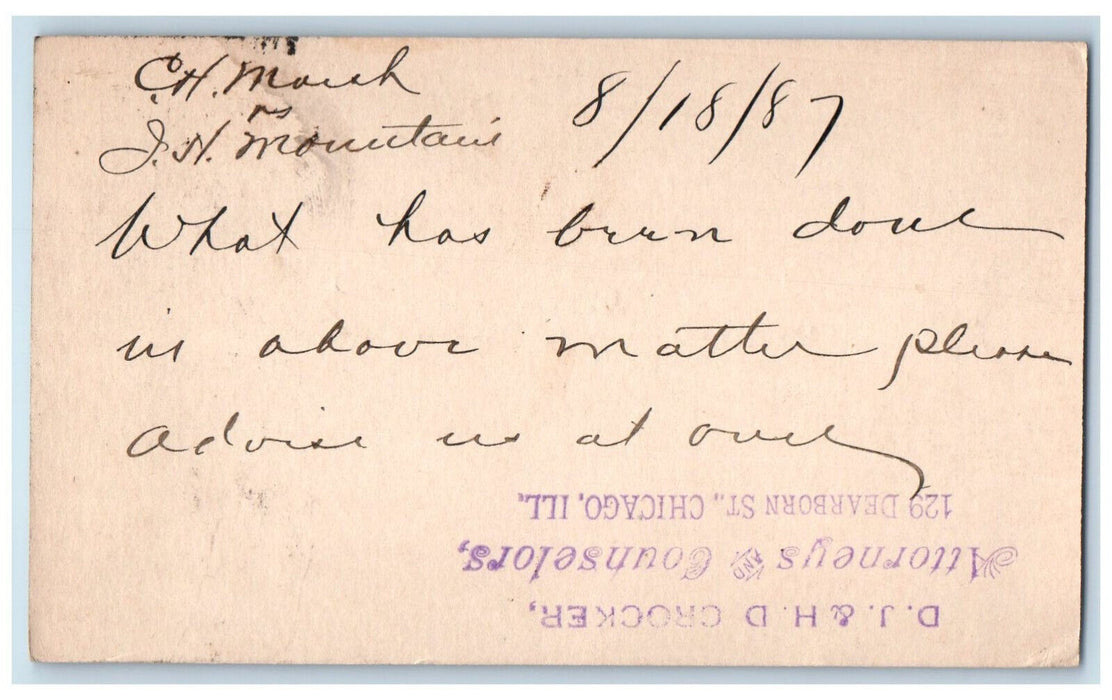 1887 CH Marsh DJ & HD Crocker Chicago Illinois IL Omaha Nebraska NE Postal Card