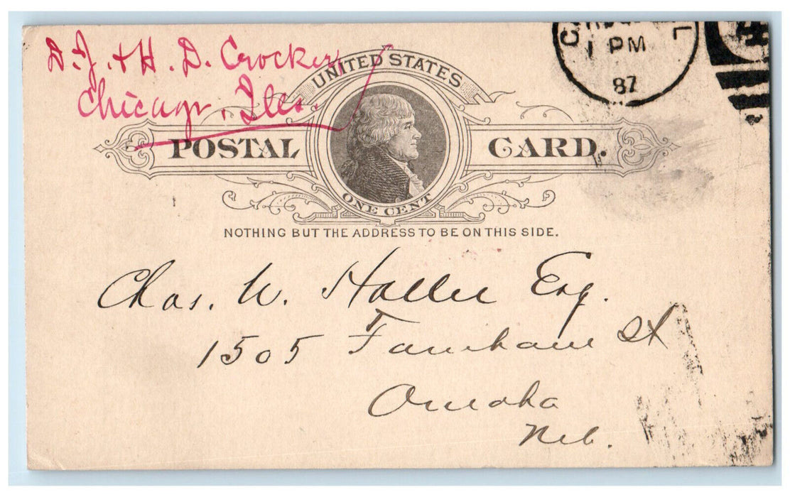 1887 CH Marsh DJ & HD Crocker Chicago Illinois IL Omaha Nebraska NE Postal Card