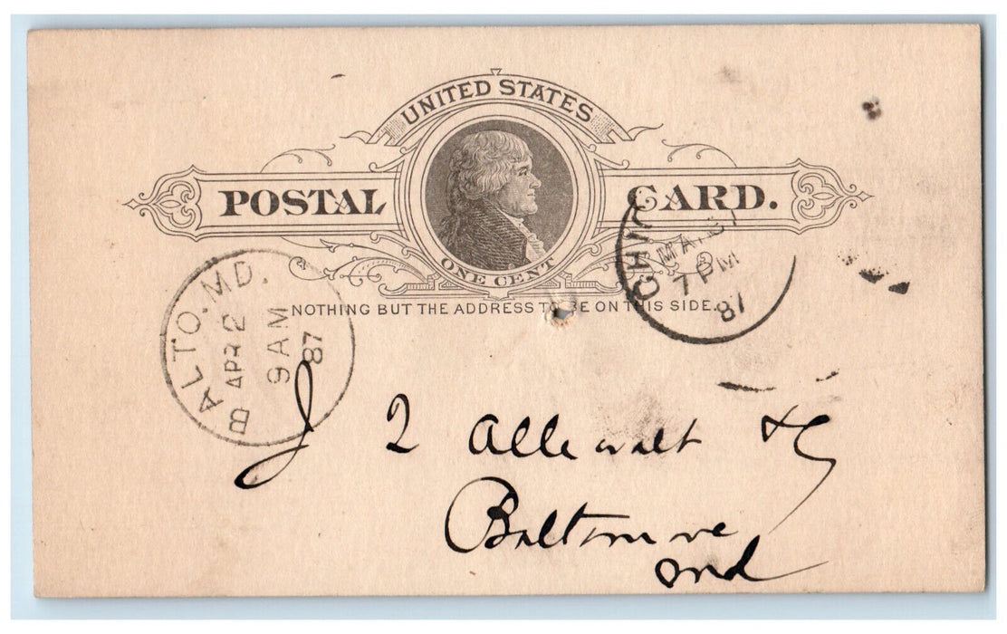 1887 Geo B Dickinson Chicago Illinois IL Baltimore Maryland MD Postal Card