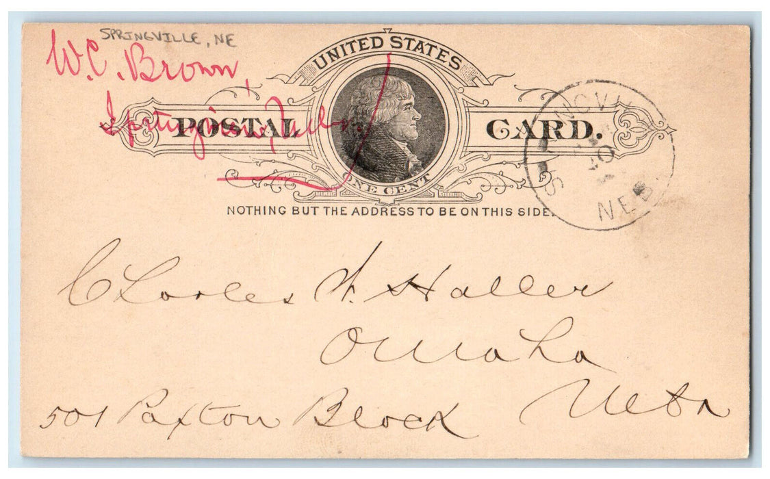 1890 WC Brown Charles Haller Springville Nebraska NE Omaha NE Postal Card