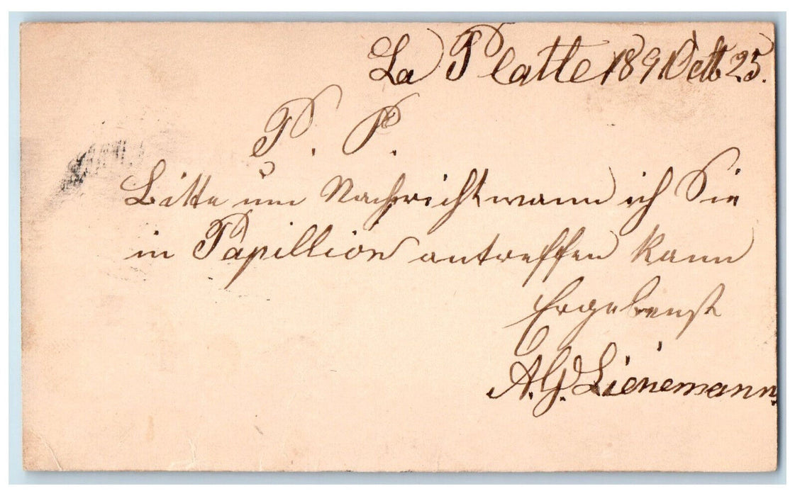 1891 A.G. Lienemann La Platte Nebraska NE Omaha NE Posted Postal Card