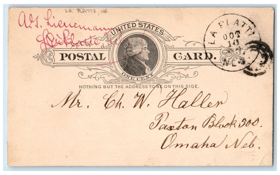 1891 A.G. Lienemann La Platte Nebraska NE Omaha NE Posted Postal Card