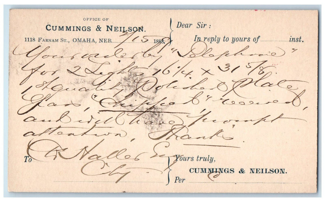 1888 Office Cummings & Neilson Omaha Nebraska NE Antique Posted Postal Card