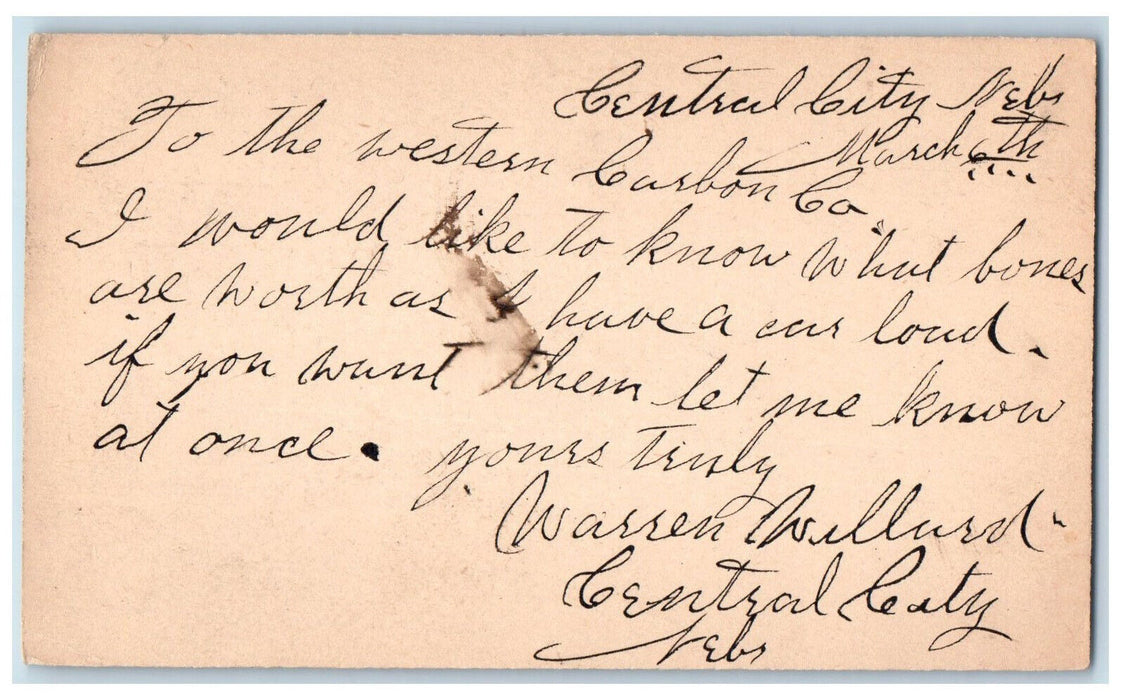 1891 Western Carbon Co. Omaha NE Central City Nebraska NE Postal Card
