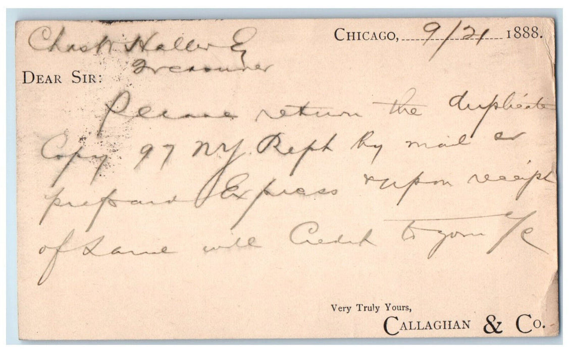 1888 Chas Haller Callaghan & Co Chicago Illinois IL Omaha NE Postal Card