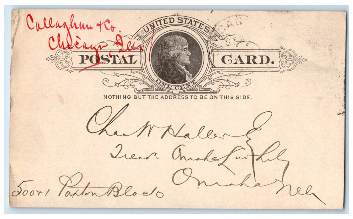 1888 Chas Haller Callaghan & Co Chicago Illinois IL Omaha NE Postal Card