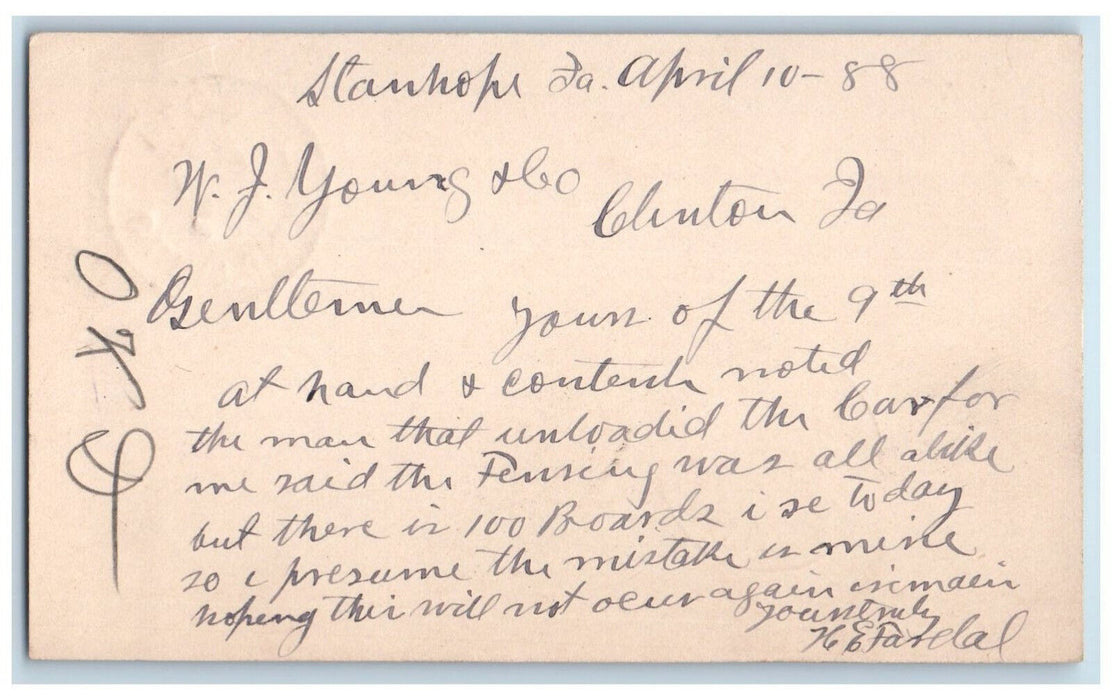 1888 Stanhore Iowa IA WJ Young & Co Clinton IA Antique Posted Postal Card
