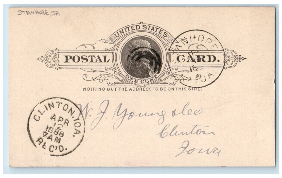 1888 Stanhore Iowa IA WJ Young & Co Clinton IA Antique Posted Postal Card