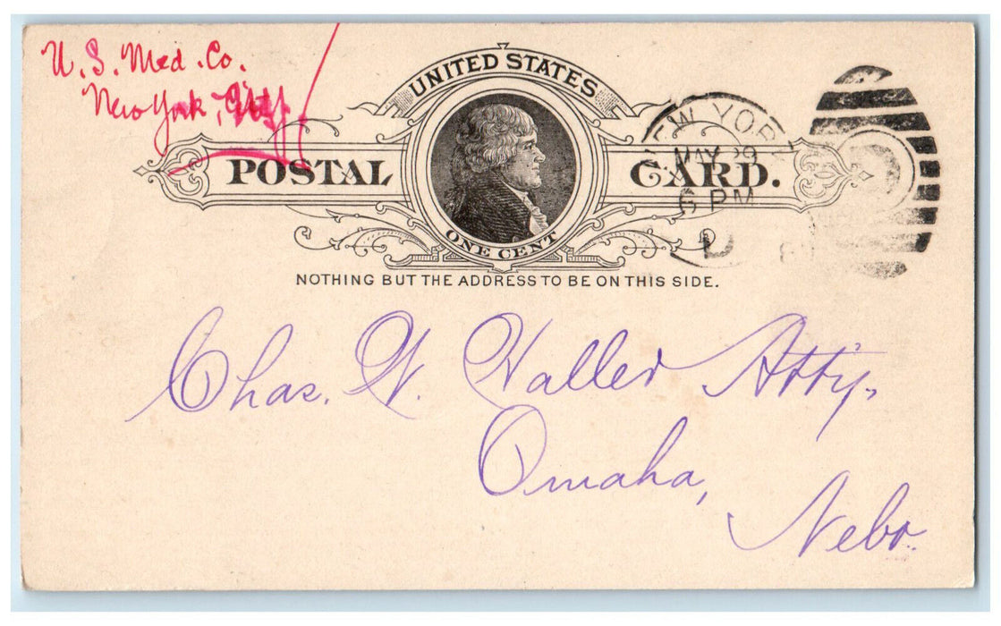 1889 Principal Office United States Med Co. New York City Omaha NE Postal Card