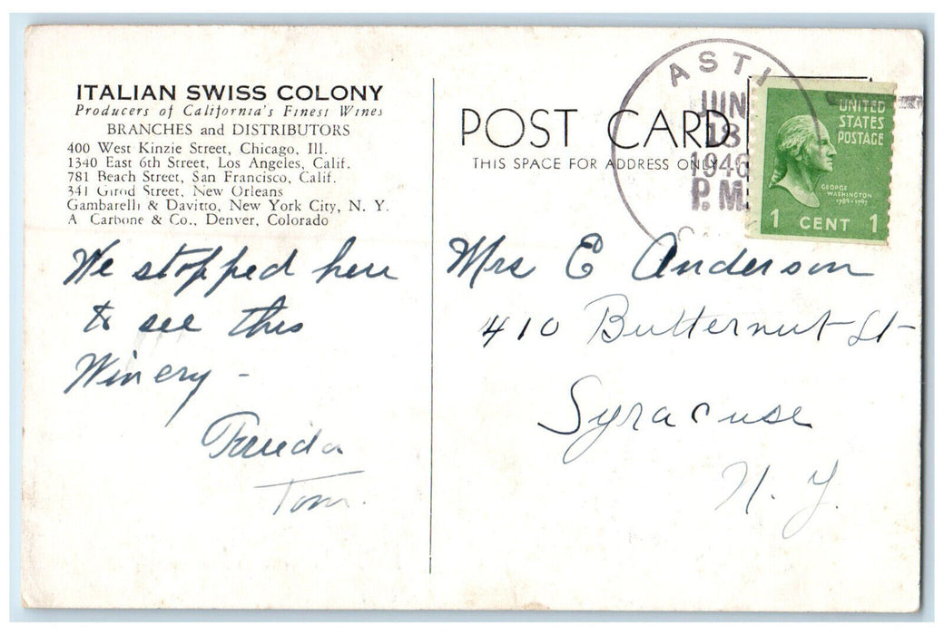 1946 Shipping and Loading Track Italian Swiss Colony Winery CA Postcard