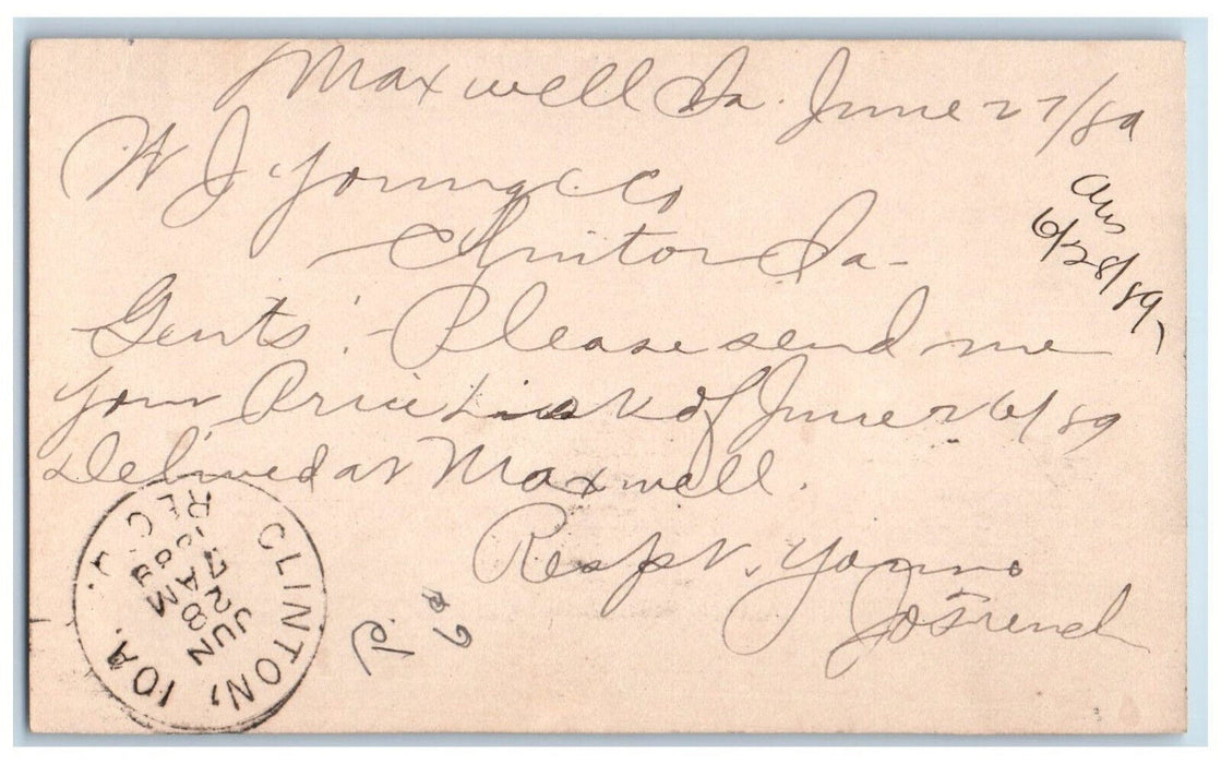 1889 Send Price Maxwell Iowa IA WJ Young & Co Clinton IA Antique Postal Card