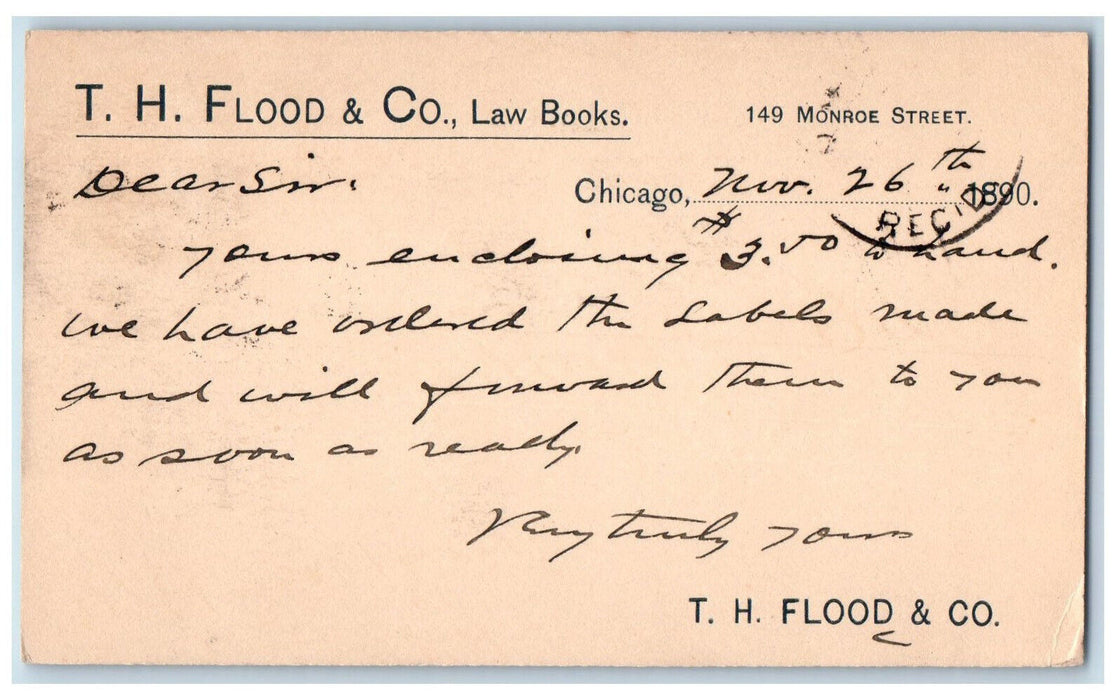 1890 T.H. Flood & Co. Law Books Chicago Illinois IL Antique Postal Card
