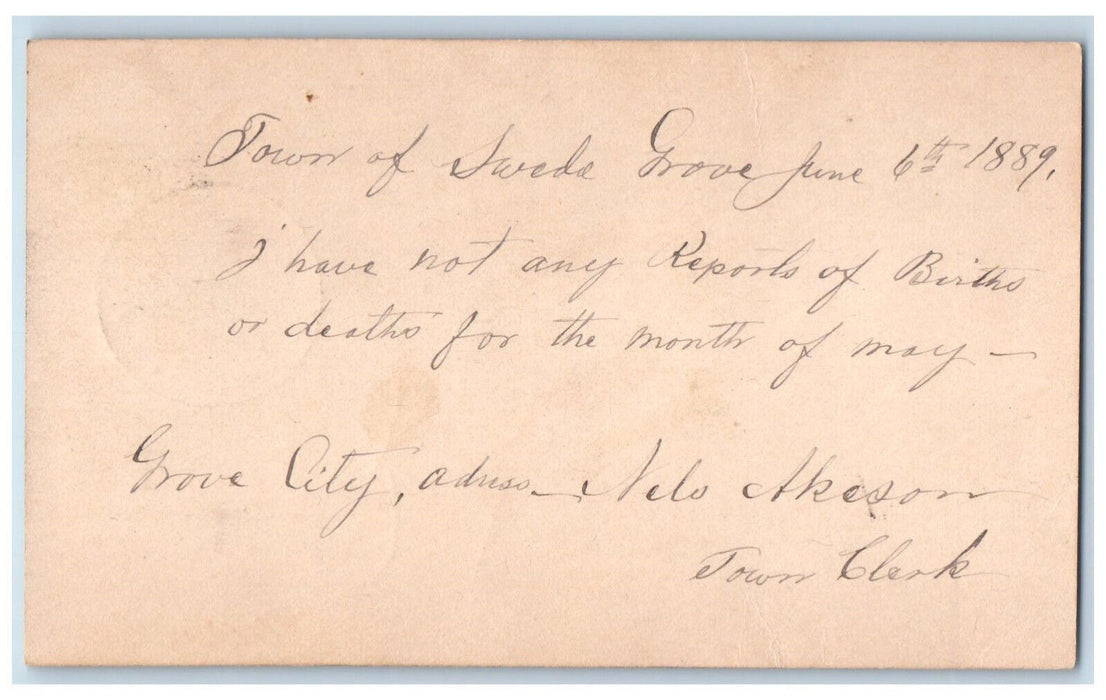 1889 Nels Akoson Town Clerk Births Merker Co. Grove City MN Postal Card