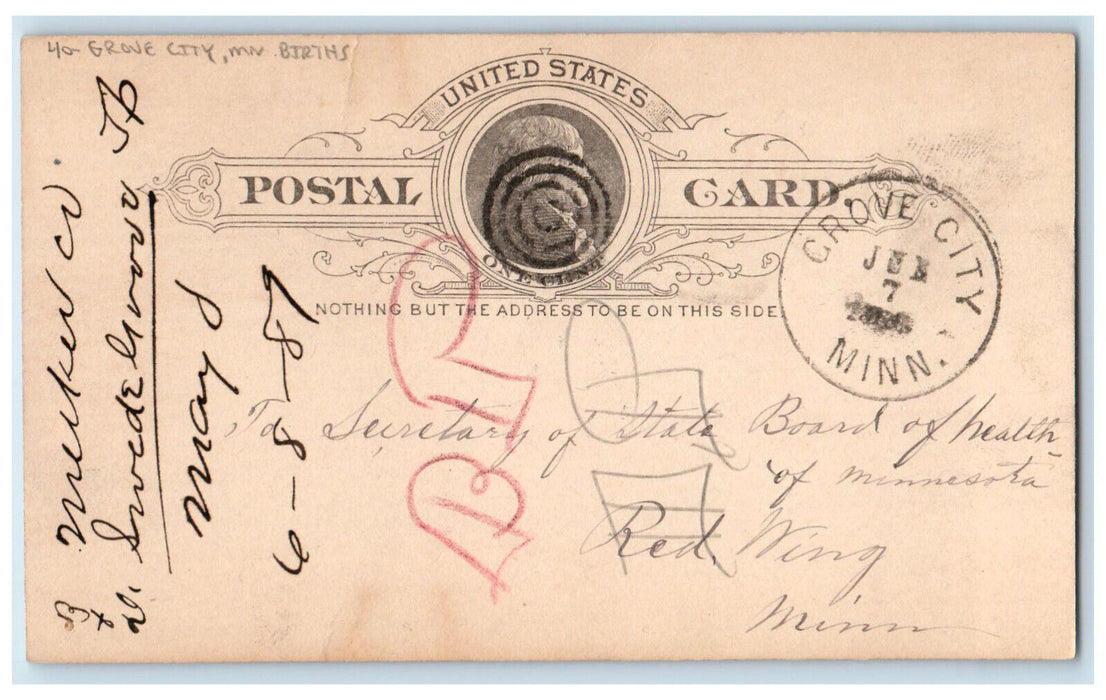 1889 Nels Akoson Town Clerk Births Merker Co. Grove City MN Postal Card