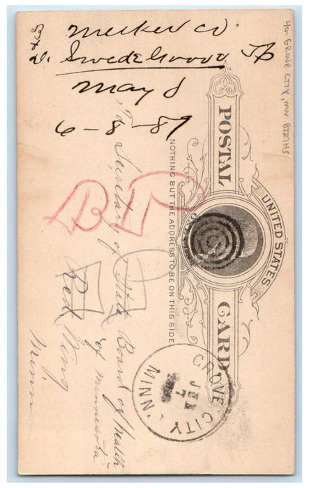 1889 Nels Akoson Town Clerk Births Merker Co. Grove City MN Postal Card