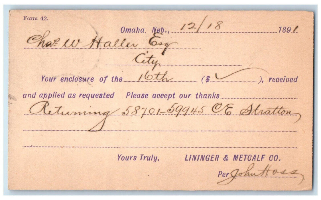 1891 Lininger & Metcalf Co. Omaha Nebraska NE Paxton Block Postal Card