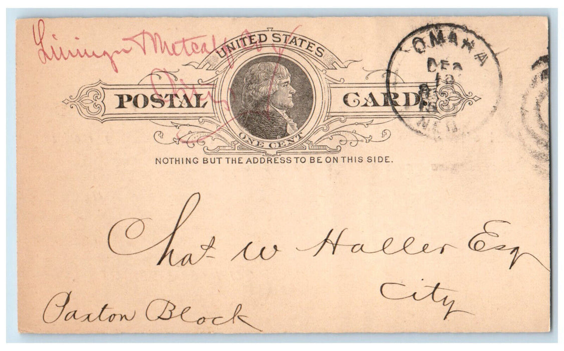 1891 Lininger & Metcalf Co. Omaha Nebraska NE Paxton Block Postal Card