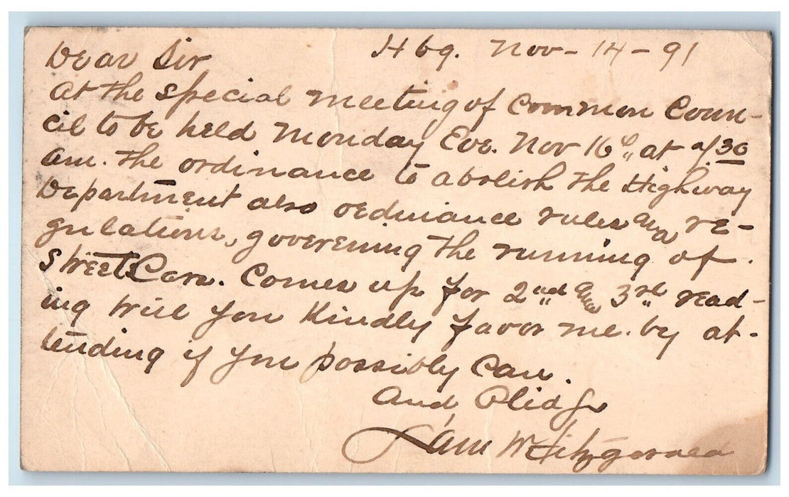 1891 Special Council Meeting Harrisburg Pennsylvania PA Antique Postal Card