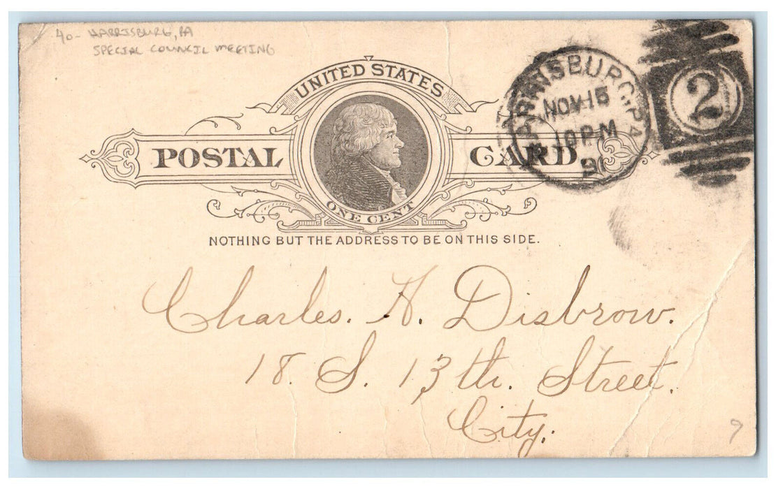 1891 Special Council Meeting Harrisburg Pennsylvania PA Antique Postal Card