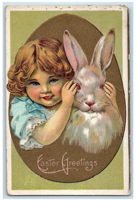 c1910's Easter Greetings Egg Little Girl Bunny Rabbit Embossed Antique Postcard