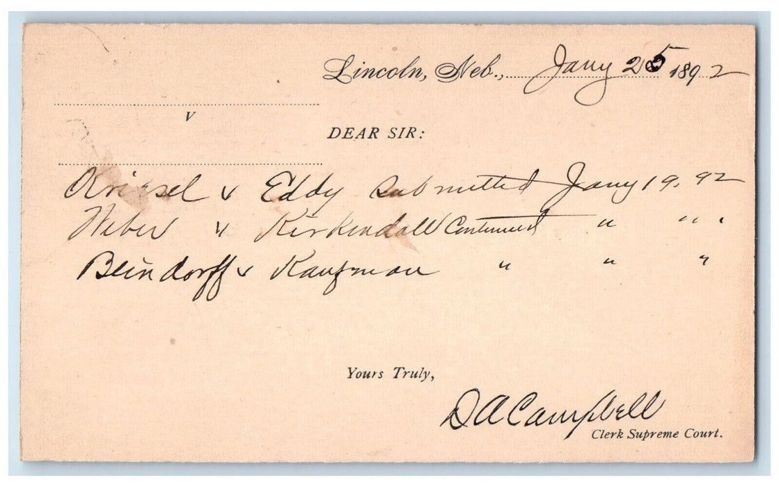 1892 Nebraska Clerk Supreme Court Lincoln Nebraska NE Posted Postal Card