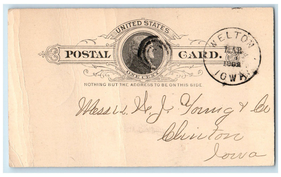 1892 WJ Young & Co. Webster Dobler Clinton IA Welton Iowa IA Postal Card