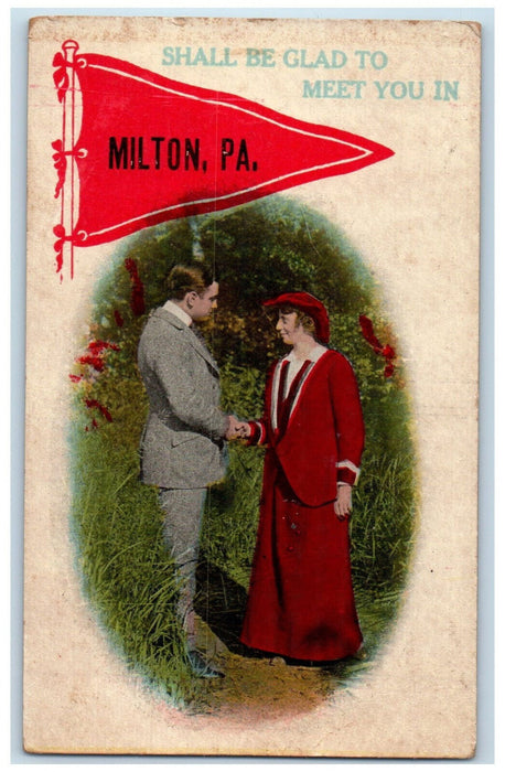 c1905 Greetings From Milton Pennsylvania PA, Lover Scene Humor Pennant Postcard