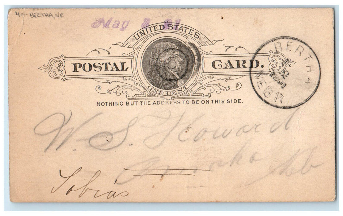 1891 WS Howard Omaha Nebraska NE Bertha NE Antique Posted Postal Card
