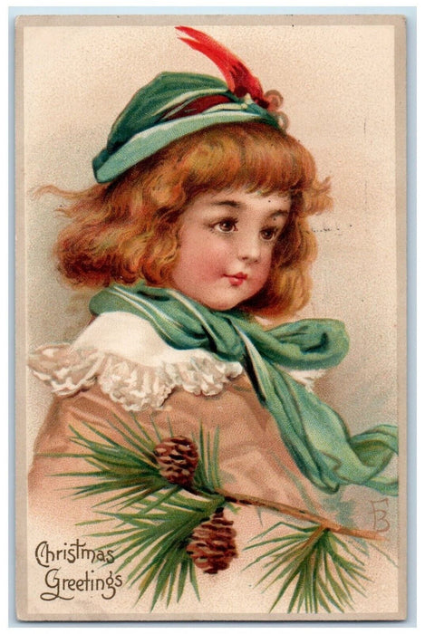 1912 Christmas Greetings Girl Pinecone Embossed Tuck's Antique Posted Postcard