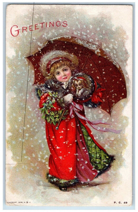 c1910's Christmas Greetings Girl Holding Dog Umbrella Snowfall Embossed Postcard