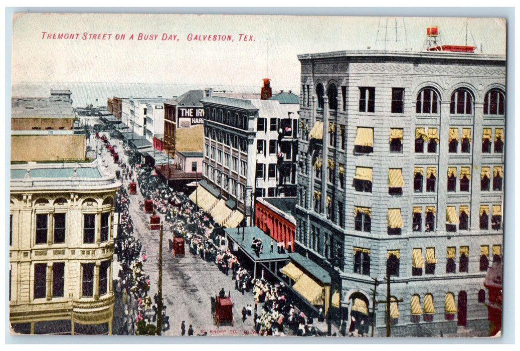 Bird's Eye View Tremont Street On Busy Day Galveston Texas TX Vintage Postcard