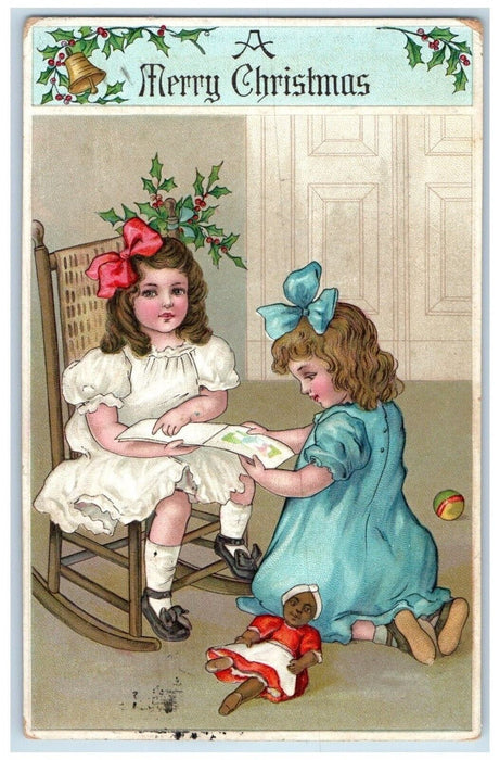 1909 Christmas Two Girls Checking Book Paper Holly Doll Embossed Postcard