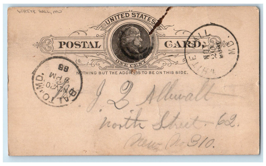 1888 Money Letter JD Allewalt White Hall Maryland MD Baltimore MD Postal Card
