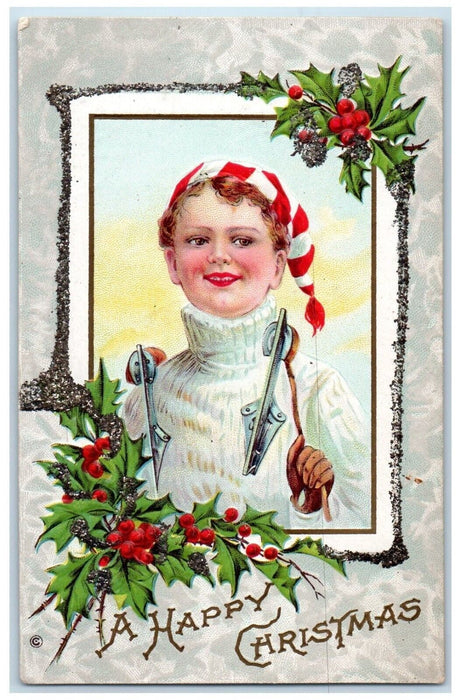 c1910's Christmas Ice Skates Holly Berries Embossed Glitter Antique Postcard