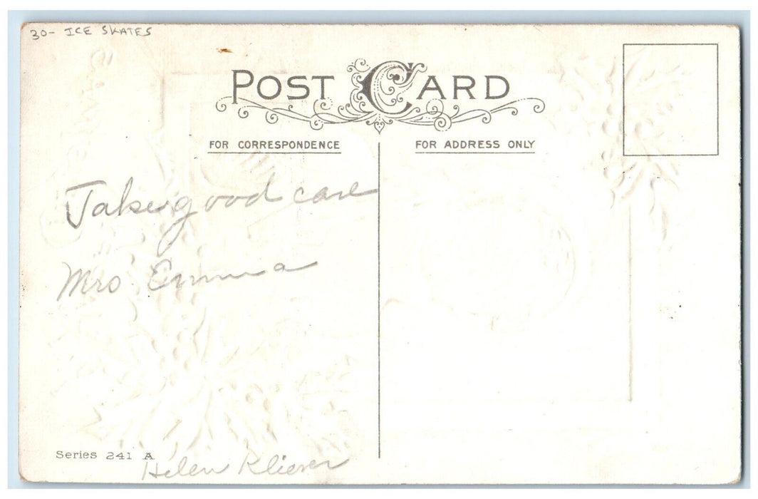 c1910's Christmas Ice Skates Holly Berries Embossed Glitter Antique Postcard