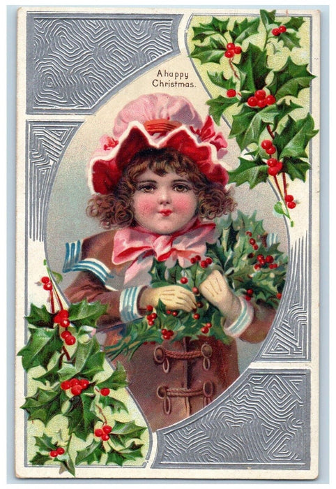 1909 Christmas Cute Little Girl Holly Berries Embossed Middleville MI Postcard