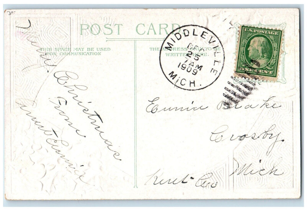 1909 Christmas Cute Little Girl Holly Berries Embossed Middleville MI Postcard