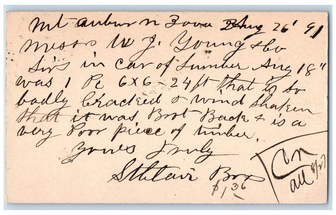 1891 Stteteur WJ Young & Co Mount Auburn Iowa IA Clinton IA Postal Card