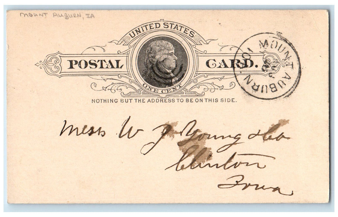 1891 Stteteur WJ Young & Co Mount Auburn Iowa IA Clinton IA Postal Card