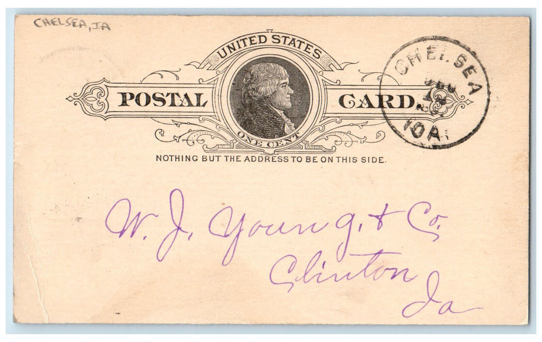 1891 Jas Hrabak WJ Young & Co. Chelsea Iowa IA Clinton IA Postal Card