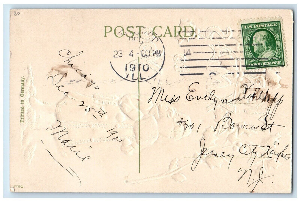 1910 Christmas Girl Handwarmer Holly Berries Embossed Posted Antique Postcard