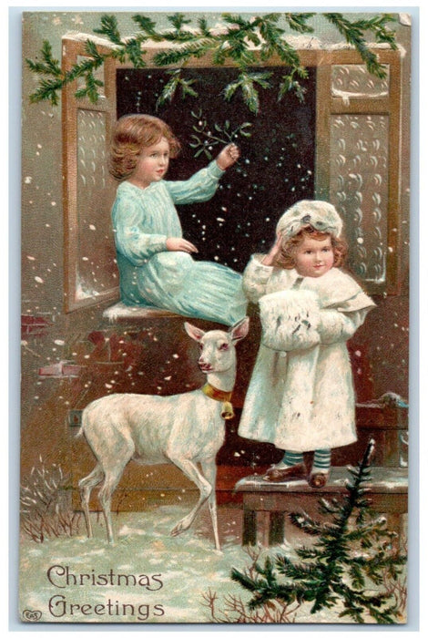 1908 Christmas Greetings Goat Bell Holly Christmas Tree Embossed Posted Postcard