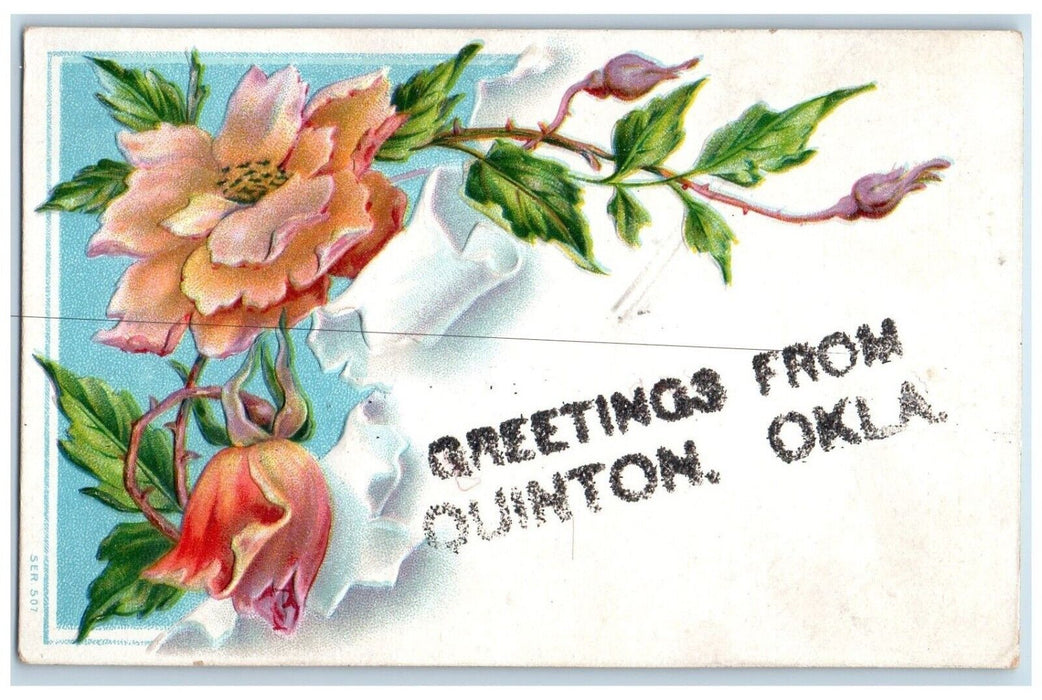 c1910's Greetings From Quinton Oklahoma OK Flowers Embossed Glitter Postcard